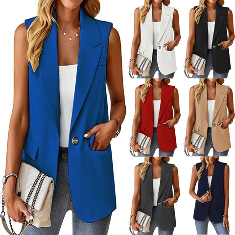 Damen Casual Revers Ein Knopf Tasche Weste Ärmellos Blazer Büro Pendler Open Front Gilet