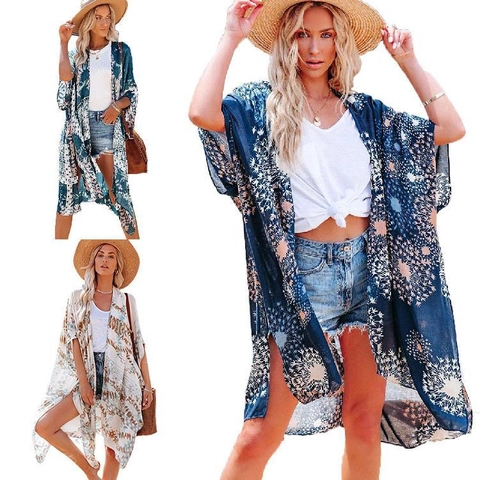 Dames Boheemse Bloemenprint Kimono Cardigan Chiffon Strand Cover Up Losse Halflange Zonbescherming Outwear Zomer Vakantie