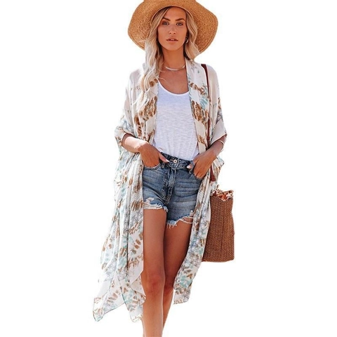 Dames Boheemse Bloemenprint Kimono Cardigan Chiffon Strand Cover Up Losse Halflange Zonbescherming Outwear Zomer Vakantie