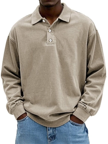 Herren Casual Langarm Polohemd Retro Gewaschen Polyester Revers Knöpfe Lockeres Top Business Gentleman Alltag Kleidung
