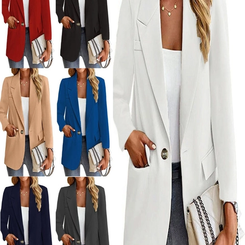 Women Slim Fit Blazer Jacket Solid Color Single Button Lapel Office Casual Business Suit Outerwear For Ladies