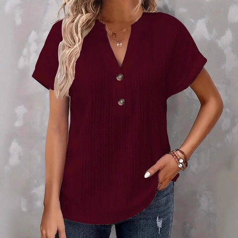 Dames Casual V-hals T-Shirt Met Korte Mouwen Effen Kleur Wafeltextuur Top Met Decoratieve Knoppen Voor Lente Zomer Mode