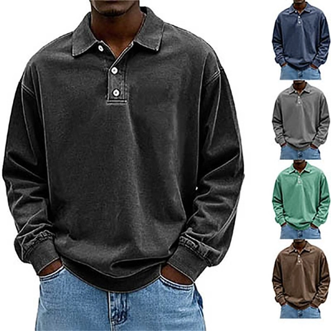 Herren Langarm Poloshirt Vintage Washed Schwere Baumwolle Pullover Top Mit Drei Knöpfen Und Rippbündchen Für Lässige Alltagskleidung