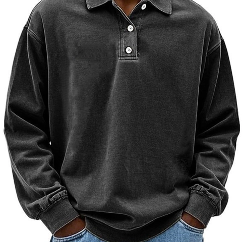 Herren Langarm Poloshirt Vintage Washed Schwere Baumwolle Pullover Top Mit Drei Knöpfen Und Rippbündchen Für Lässige Alltagskleidung