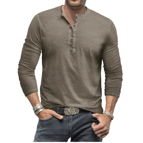 Vintage Mens Henley Shirt Cotton Blend Slub Texture Long Sleeve Slim Fit Button Up Casual T-Shirt Washed Retro Fashion Top
