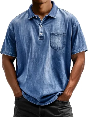Men Washed Cotton Polo Shirt Short Sleeve Turn Down Collar Pocket Basic Solid Color Casual Top Soft Breathable Apparel