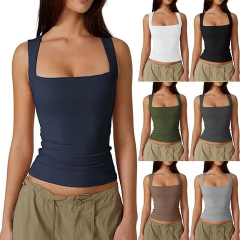 Camiseta sin Mangas con Cuello Cuadrado para Mujer Sexy Slim Fit Básica Color Sólido Poliéster Elastano Streetwear