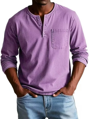 Men's Casual Long Sleeve Henley T-Shirt Slim Fit Breathable Solid Color Pullover Top With Pocket For Autumn Winter
