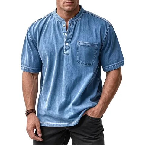 Camisa Henley de Algodón Lavado Casual para Hombre Manga Corta Retro Color Sólido Polo Top Con Bolsillo Camiseta de Moda de Verano