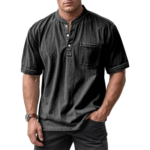 Camisa Henley de Algodón Lavado Casual para Hombre Manga Corta Retro Color Sólido Polo Top Con Bolsillo Camiseta de Moda de Verano