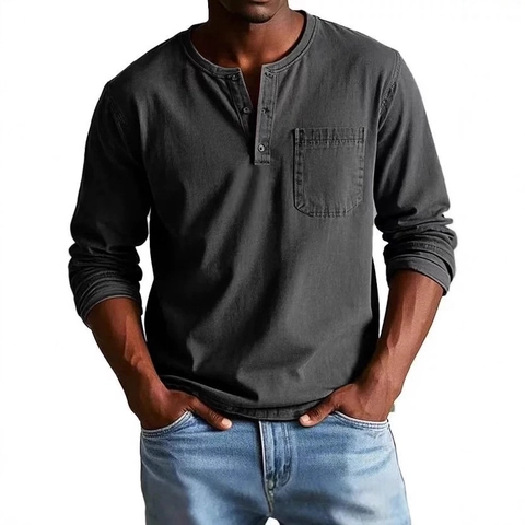 Men Long Sleeve Henley Shirt Cotton Blend Casual Solid Color Slim Fit T-Shirt With Patch Pocket For Spring Autumn Top