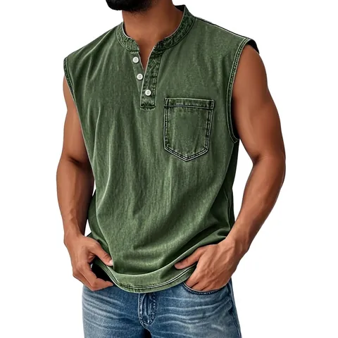 Camisa Henley Sin Mangas de Algodón para Hombre Estilo Lavado Vintage Camiseta de Tirantes Ajustada Con Bolsillo Retro Casual