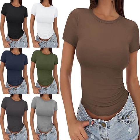 Women Slim Fit T-Shirt Round Neck Short Sleeve Basic Solid Color Top Polyester Spandex Stretchy Casual Summer Tee For Women