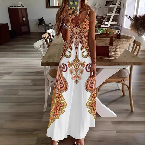 Plus Size Damen Böhmisch Blumendruck Maxikleid Elegant V-Ausschnitt Spaghettiträger Polyester Lang Strandurlaub Sommerkleid