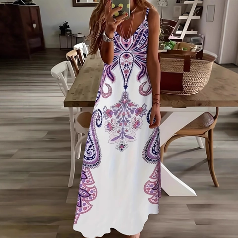 Plus Size Damen Böhmisch Blumendruck Maxikleid Elegant V-Ausschnitt Spaghettiträger Polyester Lang Strandurlaub Sommerkleid