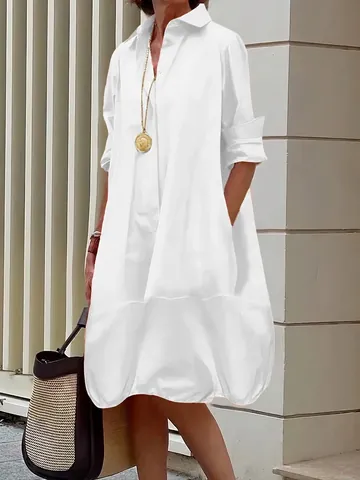 Robe Mi-Longue Décontractée en Coton Peigné pour Femme Élégante Robe Chemise Boutonnée Unie Avec Poches Manches Longues Coupe Ample Rétro Ligne A