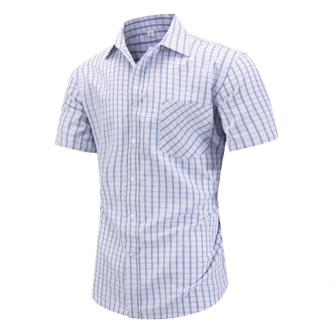 Men's Casual Short Sleeve Plaid Shirt Polyester Viscose Blend Button Down Regular Fit Business Summer Office Top With Pocket