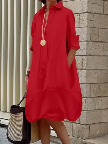 Robe Mi-Longue Décontractée en Coton Peigné pour Femme Élégante Robe Chemise Boutonnée Unie Avec Poches Manches Longues Coupe Ample Rétro Ligne A