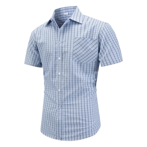 Men's Casual Short Sleeve Plaid Shirt Polyester Viscose Blend Button Down Regular Fit Business Summer Office Top With Pocket