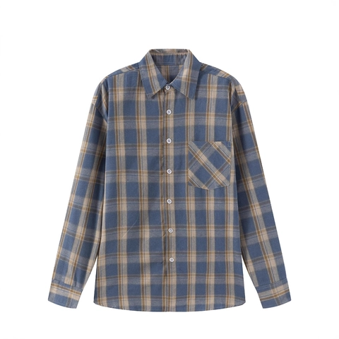 Herren Casual Langarm Kariertes Hemd Retro Distressed Button Down Revers Top Mit Brusttasche Polyester Stoff US Größe