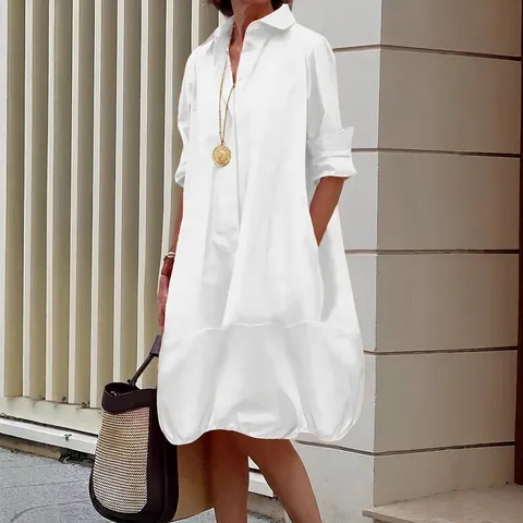 Women Loose Shirt Dress Cotton Blend Long Sleeve Turn Down Collar Button Up Midi Casual Vacation Lantern Hem Dress