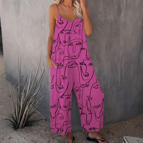 Damen Plus Size Jumpsuit Abstraktes Gesichtslinien Druck V Ausschnitt Ärmellos Weites Bein Träger Sommer Lässig Jumpsuit