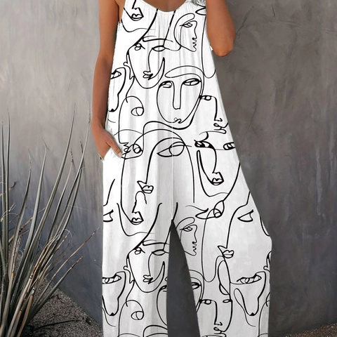 Damen Plus Size Jumpsuit Abstraktes Gesichtslinien Druck V Ausschnitt Ärmellos Weites Bein Träger Sommer Lässig Jumpsuit