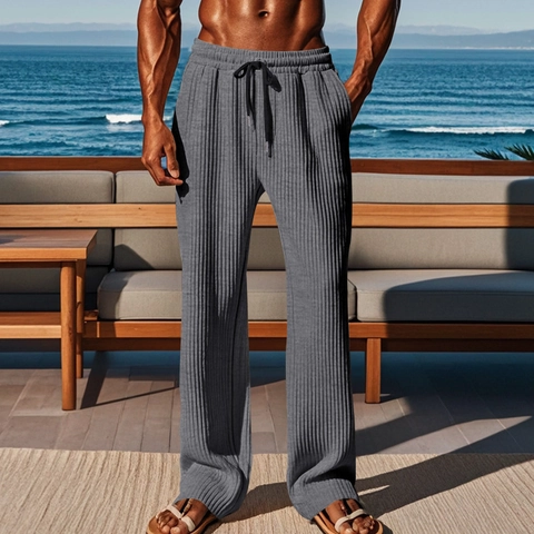 Men Ribbed Casual Pants Vertical Textured Trousers Elastic Drawstring Waist Straight Leg For Vacation Leisure Sporty