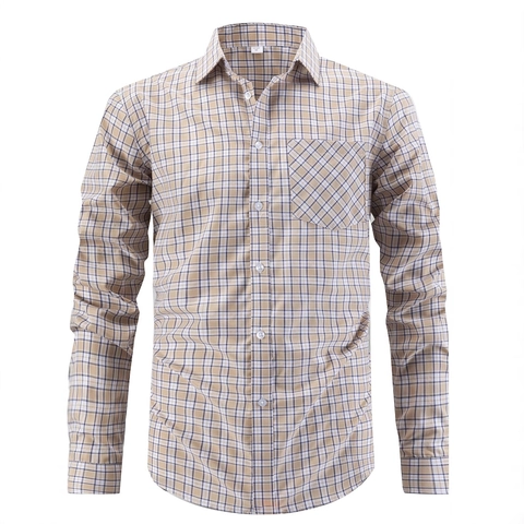 Camisa de Cuadros Casual de Negocios para Hombre Manga Larga Cuello de Solapa Top con Botones Mezcla de Poliéster y Rayón Formal