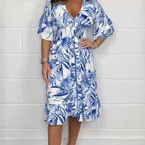 Robe Midi Smockée à Imprimé Tropical pour Femmes Élégante Manches Volants Taille Haute Trapèze Décontractée en Polyester