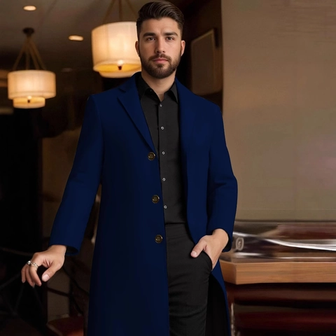 Heren Slim Fit Lange Jas met Wollen Look Single Breasted Reverskraag Business Casual Winter Trenchcoat voor Heren