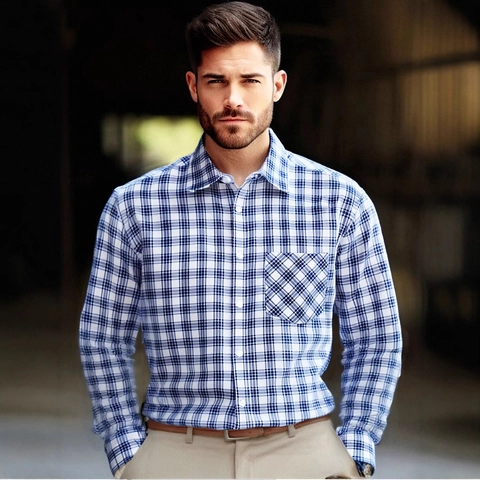 Camisa de Cuadros de Manga Larga para Hombre Mezcla de Poliéster y Rayón Botones Casual Business Trabajo Top con Bolsillo Corte Regular