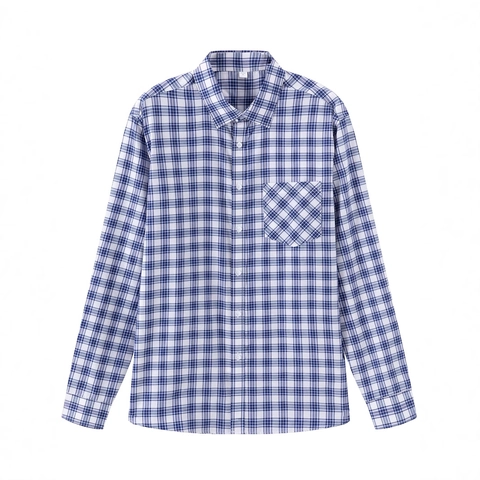 Herren Langarm Karohemd Reguläre Passform Umlegekragen Marineblau Weiß Kariert Polyester Viskose Mischung Casual Business Hemd
