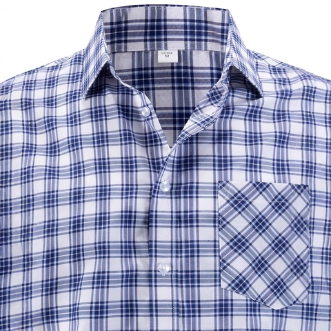 Men Long Sleeve Plaid Shirt Button Down Business Casual Collared Top With Chest Pocket For Office Daily Wear Navy White
