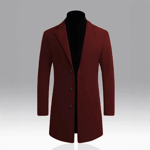 Men's Slim Fit Mid-Length Woolen Overcoat Single Breasted Polyester Trench Coat Notched Lapel Business Casual Jacket Solid Color Outerwear
