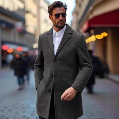 Men's Mid-Length Woolen Coat Polyester Slim Fit Windbreaker Business Casual Classic Notched Lapel Single Breasted Jacket