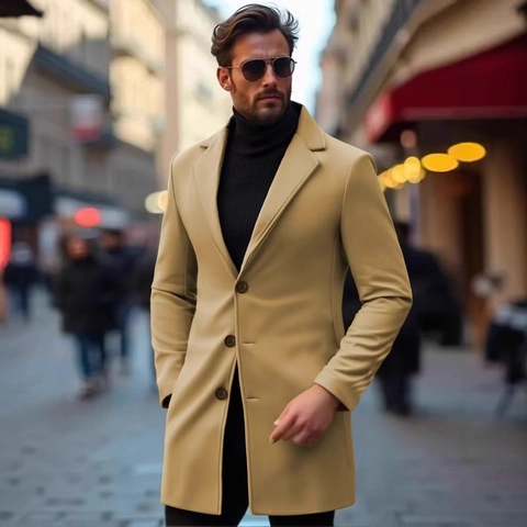 Men's Mid-Length Woolen Coat Polyester Slim Fit Windbreaker Business Casual Classic Notched Lapel Single Breasted Jacket
