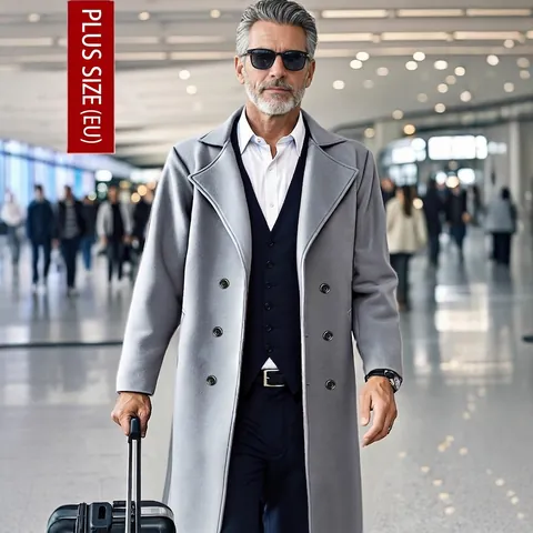Men's Slim Fit Double Breasted Trench Coat Elegant Solid Color Long Overcoat Business Casual Lapel Windbreaker Jacket