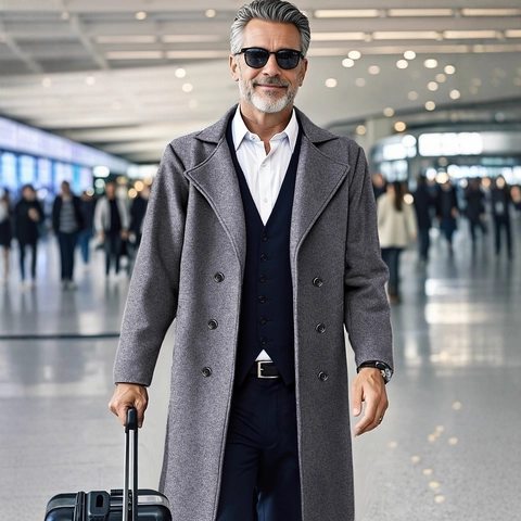 Men's Slim Fit Double Breasted Trench Coat Elegant Solid Color Long Overcoat Business Casual Lapel Windbreaker Jacket