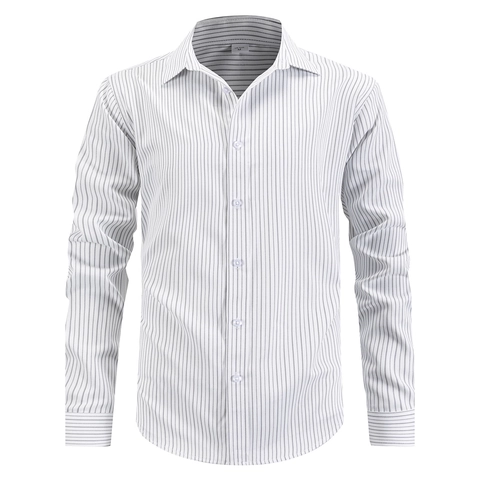 Herren Gestreiftes Langarmhemd Business Casual Button Down Revers Tops Polyester Viskose Mischung Atmungsaktive Vertikale Streifen Hemden Für Männer
