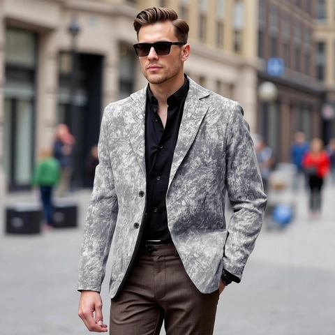 Herren Slim Fit Casual Sakko Reverskragen Marmormuster Knopf Business Büro Anzugjacke Polyester Leinen Mischung Top