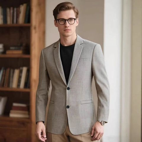 Americana Casual para Hombre Slim Fit Cuello de Solapa Dos Botones Chaqueta de Traje Estilo Lino Texturizado para Oficina