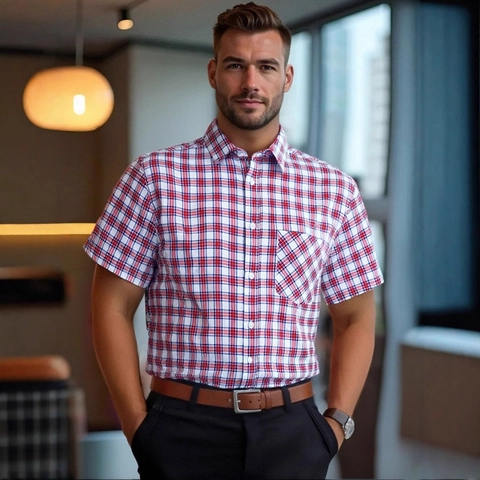 Herren Kariertes Kurzarmhemd Polyester Viskose Mischung Umlegekragen Business Casual Kariertes Oberteil Mit Brusttasche