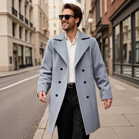 Heren Half Lange Dubbele Rij Knopen Mantel Polyester Wollen Stijl Trenchcoat Slim Fit Revers Bovenkleding Winter Zakelijk Casual Jassen Voor Heren
