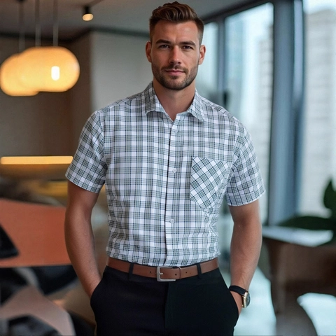 Herren Kariertes Kurzarmhemd Polyester Viskose Mischung Umlegekragen Business Casual Kariertes Oberteil Mit Brusttasche