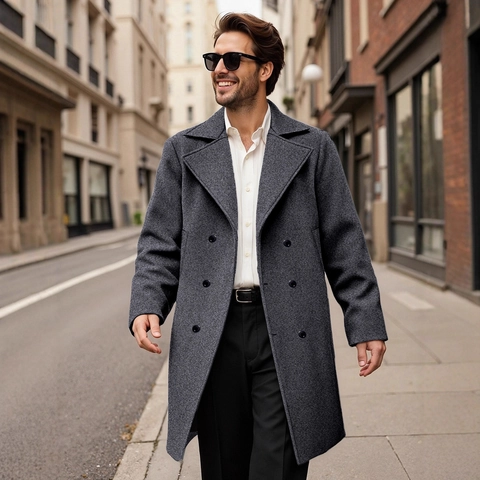Heren Half Lange Dubbele Rij Knopen Mantel Polyester Wollen Stijl Trenchcoat Slim Fit Revers Bovenkleding Winter Zakelijk Casual Jassen Voor Heren