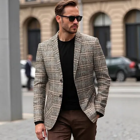 Giacca da Uomo Casual a Quadri Slim Fit Leggera Traspirante Due Bottoni Blazer con Revers per Business Quotidiano Ufficio