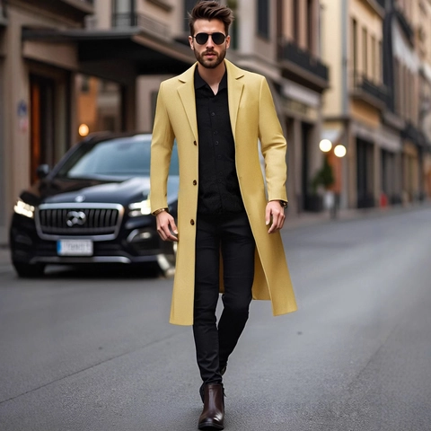 Herren Slim Fit Wollgrabenmantel Einreihig Reverskragen Mittellang Polyester Übermantel Business Casual Einfarbig Jacke