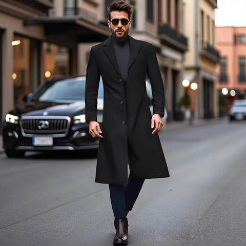 Herren Slim Fit Wollgrabenmantel Einreihig Reverskragen Mittellang Polyester Übermantel Business Casual Einfarbig Jacke