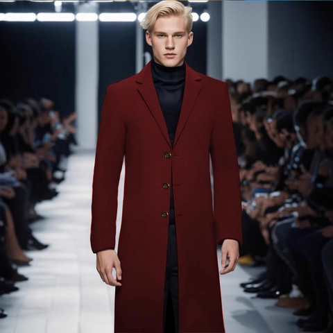Men's British Classic Mid-Long Woolen Trench Coat Notch Lapel Single Breasted Solid Color Business Casual Slim Fit Overcoat Outerwear